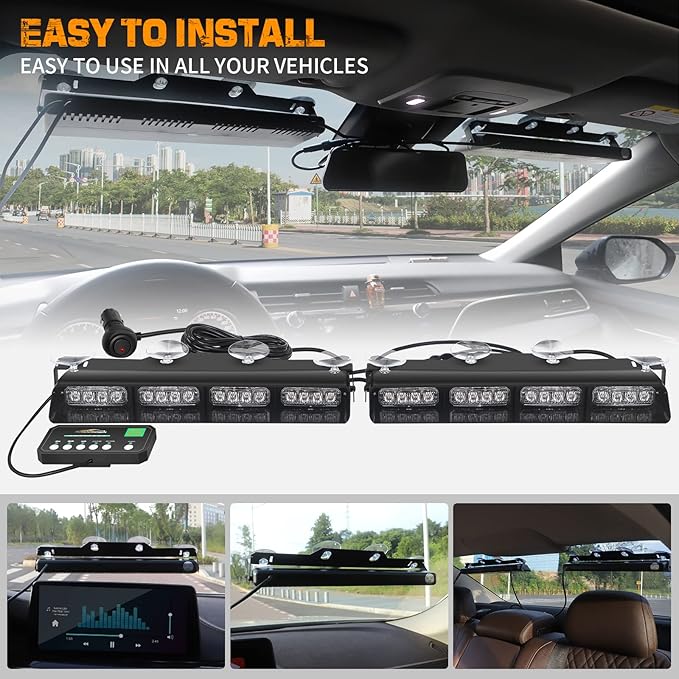 XRIDONSEN White Emergency Dash Strobe Lights Safety Flashing Warning Hazard Interior Front/Rear Windshield Deck Split Light Bar w/Digital Display Controller for Construction Vehicles Trucks