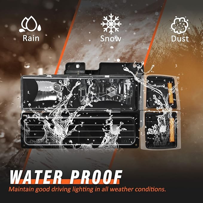 Headlights Assembly for 1994-1998 Chevy Silverado Compatible with 1994 1995 1996 1997 1998 Chevy Silverado/Tahoe/Suburban/C10 Black Housing Amber Reflector Driver and Passenger Side Pair