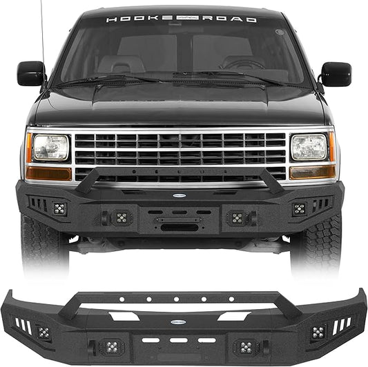 Hooke Road Suburban Front Bumper with Grille Guard for Chevy Chevrolet Suburban Tahoe & GMC Yukon 1992-1999, Full Width Offroad Steel Bumper w/Winch Plate, 4×25W LED Lights, D-ring Mounts
