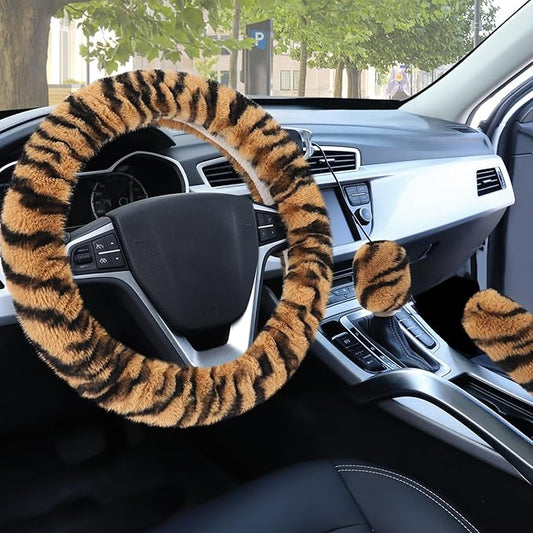 Accmor Fluffy Car Steering Wheel Cover, Universal Fuzzy Auto Wheel Cover & Handbrake Cover & Gear Shift Cover Set, Anti-Slip Tiger Stripe Warm Fur Vehicle Wheel Protector Car Accessories for Men Women