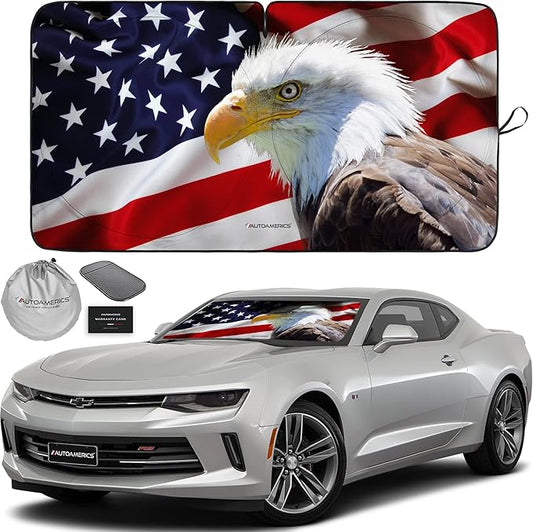 Autoamerics 1-Piece Windshield Sun Shade American Eagle Flag - 2 USA Patriotic Design - Foldable Car Front Window Sunshade for Sedans SUV Truck - Blocks Max UV Rays and Keeps Your Vehicle Cool - Small