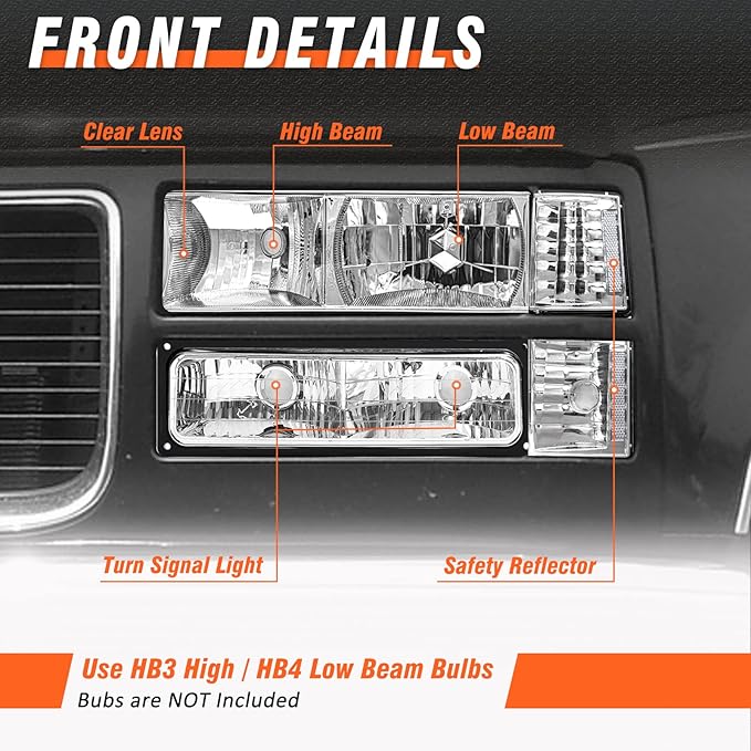 for 1994-1998 Chevy Silverado Headlights Assembly for 1994-1998 Chevy Silverado/Tahoe/Suburban/C10 Chrome Housing Clear Reflector Replacement Driver and Passenger Side