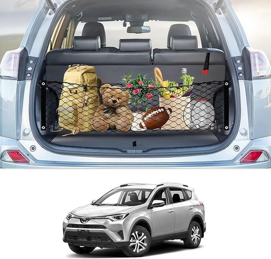 Karltys Envelope Style Cargo Net for Toyota RAV4 2013 2014 2015 2016 2017 2018, Elastic Rear Trunk Mesh Cargo Net for RAV4 Double Layer Nylon Mesh Storage Netting Organizer with Metal Hooks