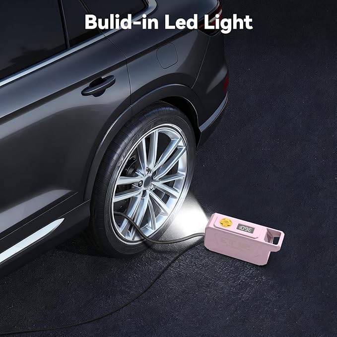 150 PSI Tire Inflator Portable Air Compressor, 12V DC Auto Shutoff Air Pump with Digital Pressure Gauge and Emergency LED Light for Car Tires, Bicycle & Balloons, Pink