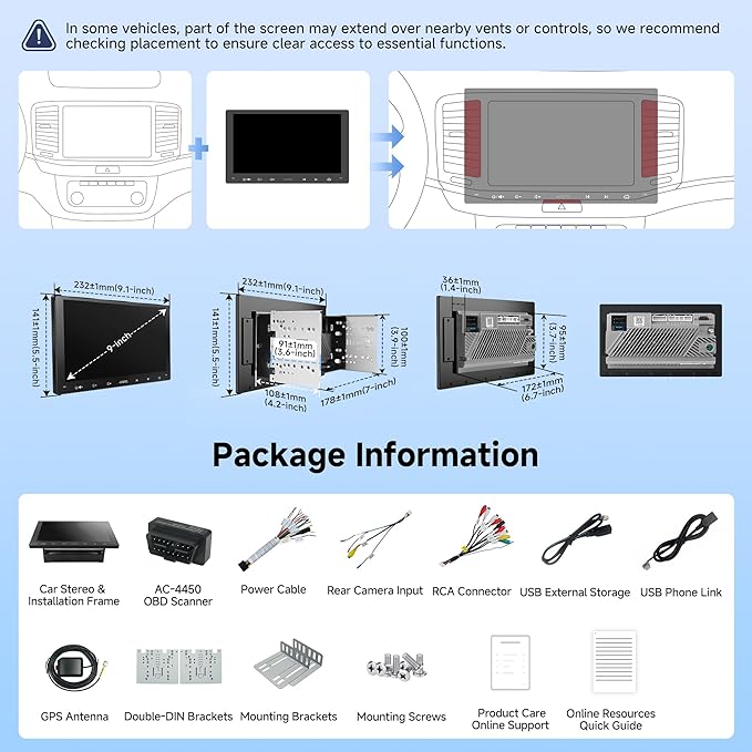 [9-Inch] ATOTOEXCEL Android Double Din Car Stereo, Wireless CarPlay & Android Auto, AI-Powered Car Radio with OBD2 Scanner, Wi-Fi/Bluetooth/USB, 24B EQ&DSP, 4 * 45W Amp, 2G+32G