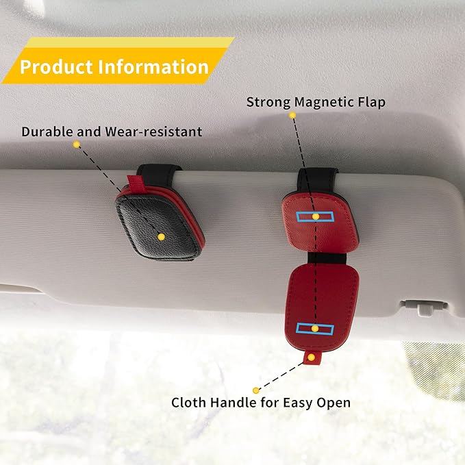 Yuoyar Sunglass Holder for Car, Magnetic Leather Sunglasses Holder and Ticket Card Clip, Car Visor Accessories, 2 Packs (Black-red)