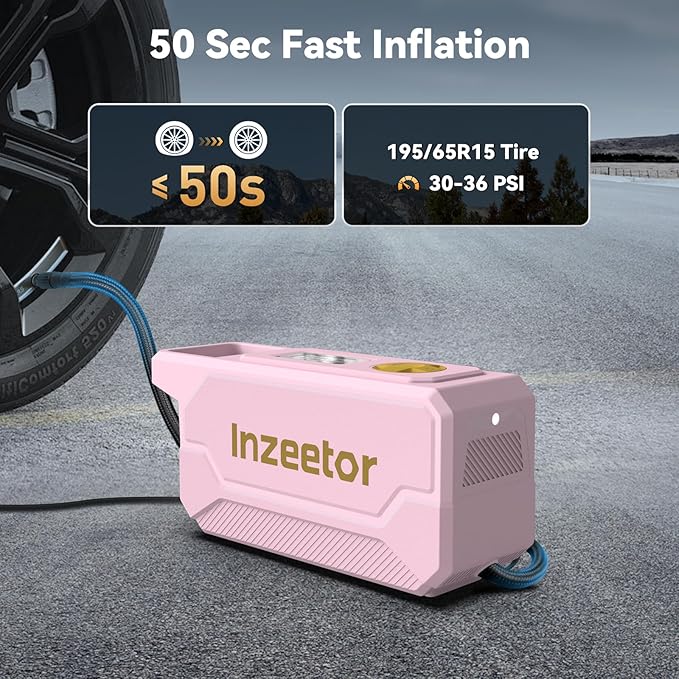 150 PSI Tire Inflator Portable Air Compressor, 12V DC Auto Shutoff Air Pump with Digital Pressure Gauge and Emergency LED Light for Car Tires, Bicycle & Balloons, Pink