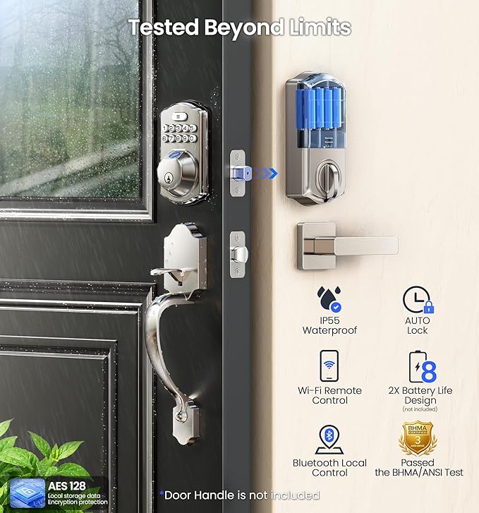 Veise VE012W Built-in WiFi Fingerprint Smart Lock, App Remote Control, No Hub Needed, Keyless Entry, Front Door Smart Deadbolt, Digital Keypad, Auto Lock, IP55 Waterproof, BHMA Grade 3, Satin Nickel