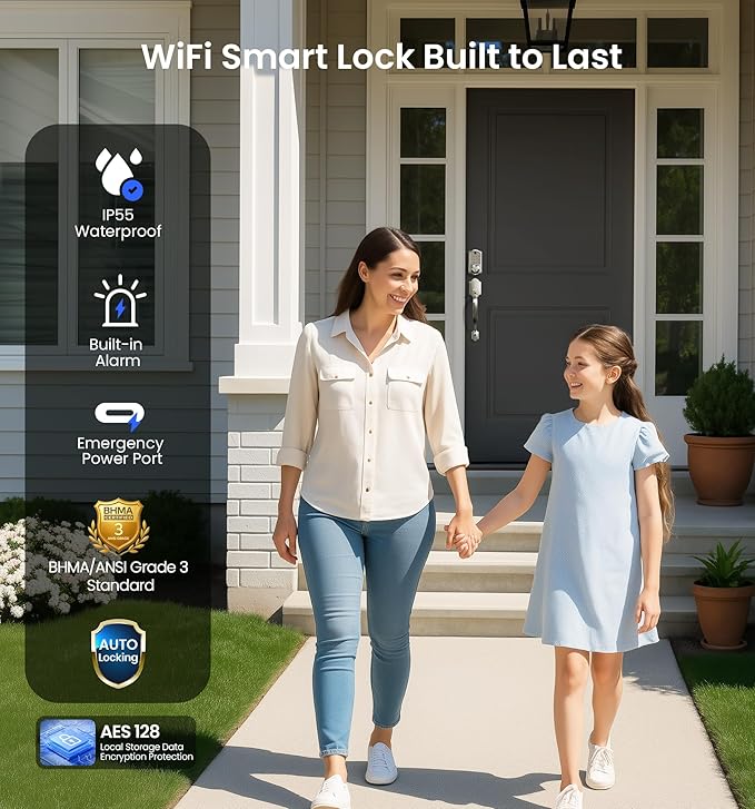 Veise VE017G-H Wi-Fi Smart Fingerprint Front Door Lock Set, Remote App Control, Keyless Entry Deadbolt with Handle, Backlit Keypad, IP55 Weatherproof, Auto Lock, Easy to Install, Satin Nickel
