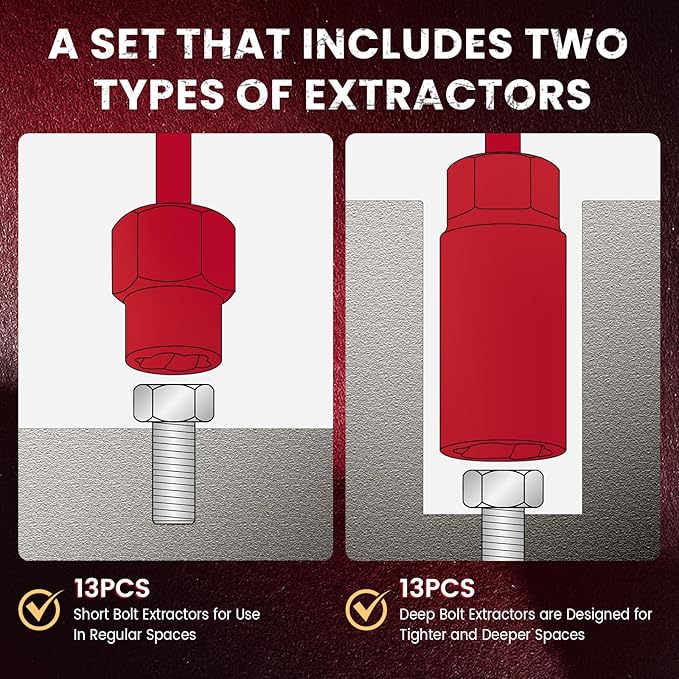 28Pcs Deep Bolt Extractor Set, with 3/8" Drive, Ez Out Broken Bolt Remover Kit, Spark Plug Extractor Socket Set, Easy Out Stripped Lug Nut Removal Tool for Removing Rounded, Rusted Bolts, Nuts & Screw