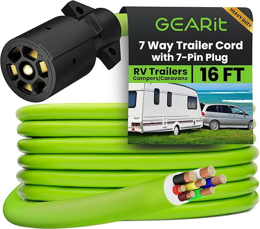 GEARit 7 Way Trailer Cord (16 Feet) 7-Pin Plug Weatherproof Heavy Duty Wiring Harness Cable for for RV Trailers and Campers - 16Ft