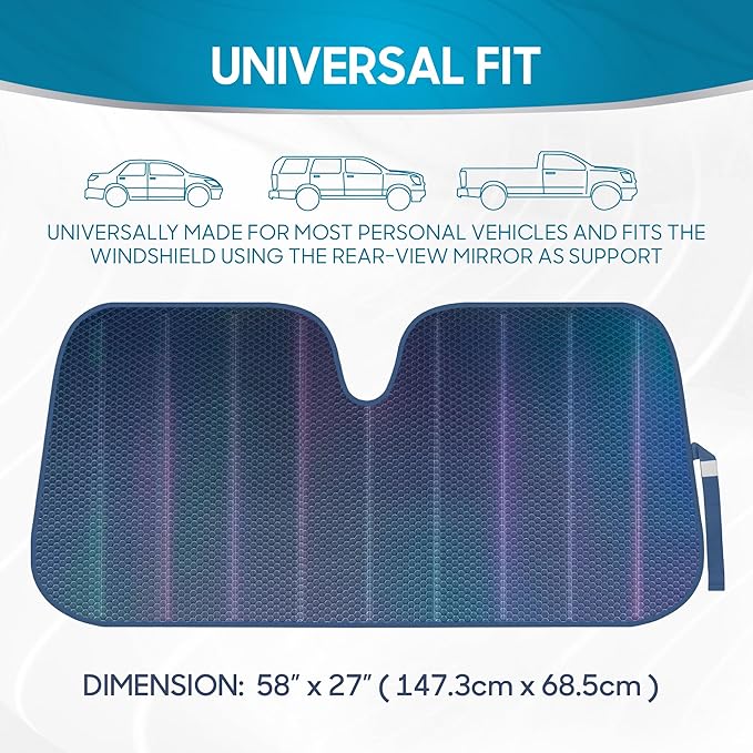 BDK Iridescent Matte Black Front Windshield Sunshade Accordion Folding Style Auto Shade for Car Truck SUV Van Blocks UV Rays Sun Visor Protector Easy Setup Keeps Your Vehicle Cool - 58 x 27 inches