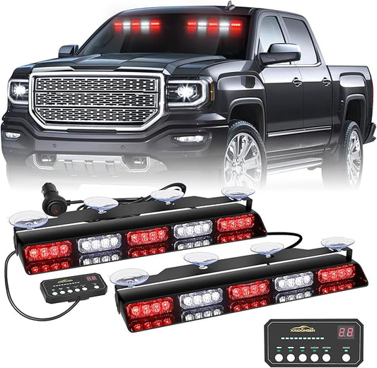 XRIDONSEN 2x 17 inch Red White Emergency Lights for Vehicles 40 LED Emergency Dash lights Interior Front/Rear Windshield Strobe Lights Safety Flashing Warning for Volunteer Firefighter Vehicles Trucks