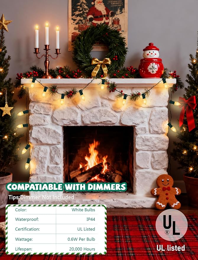 25 Pack C7 Clear LED Light Bulbs, E12 Candelabra Base Christmas Replacement Bulbs, 0.6W Shatterproof Warm White Bulbs for Outdoor Christmas String Lights, Window Candles, Chandelier, Night Light Decor