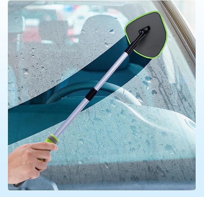 XINDELL Windshield Cleaner Tool – 360° Rotating Head with Extendable Handle, Velcro Microfiber Pads for Fast Stick & Peel, Dry/Wet Glass Cleaning for Cars, SUVs, Trucks & Home