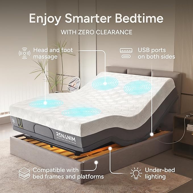SFE Adjustable Bed with Mattress & Massage, Full Adjustable Bed Frame + Medium Mattress - Cooling Gel Memory Foam Mattres, USB, UnderBed Light, Wireless Remote