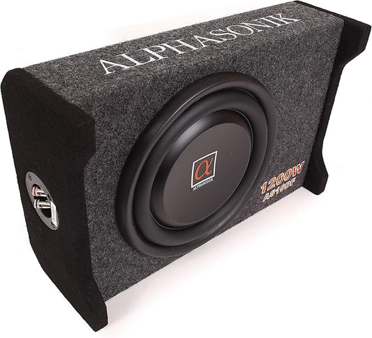 Alphasonik AS10DF 10" 1200 Watts 4-Ohm Down Fire Shallow Mount Flat Enclosed Sub woofer for Tight Spaces in Cars and Trucks, Slim Thin Loaded Subwoofer Air Tight Sealed Bass Enclosure