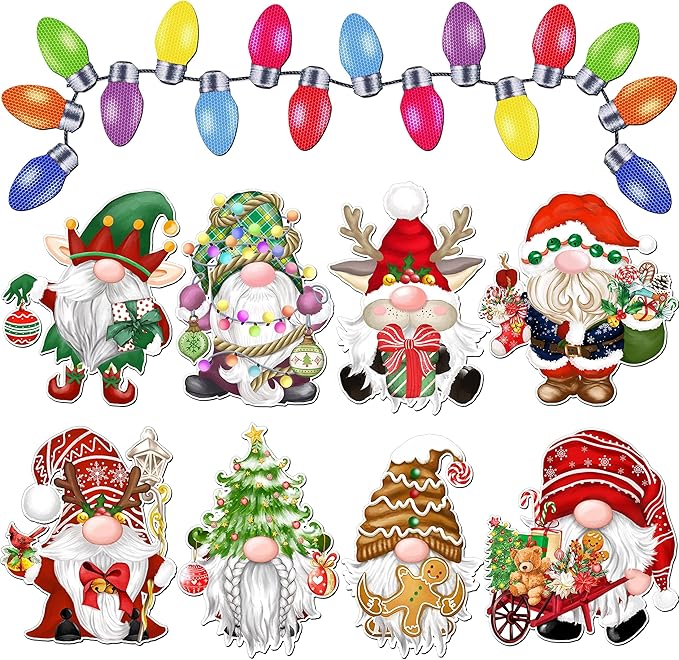 BORAMDO Christmas Reflective Car Magnets Set 30Pcs, Christmas Gnome with Bulb Light and Wire Car Decoration, Refrigerator Garage Door Decorations, Holiday Magnetic Xmas Gnomes Decor