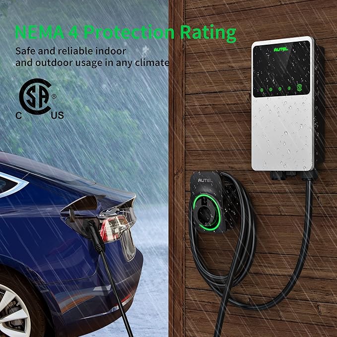 Autel MaxiCharger Home Electric Vehicle (EV) Charger, up to 50 Amp, 240V, Level 2 WiFi and Bluetooth Enabled EVSE, Hardwired, Indoor/Outdoor, 25-Foot Cable with Separate Holster, Silver