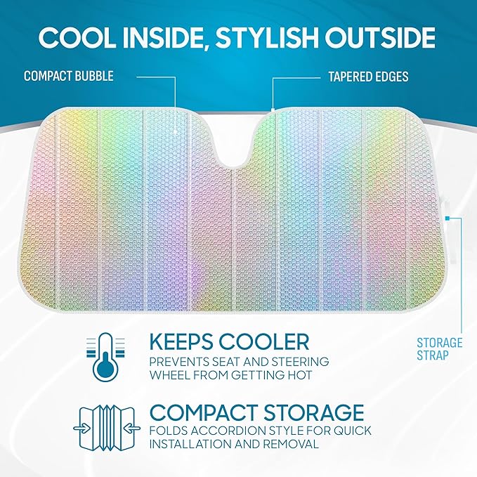 BDK Iridescent Mermaid Car Windshield Sun Shade Accordion Folding Sunshade for Windshield Blocks UV Rays Sun Visor for Car Front Window Protector - Easy Setup Keeps Vehicle Cool - 58 x 27