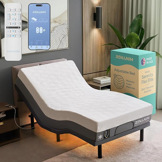 SFE Adjustable Bed with Mattress & Massage, Twin XL Adjustable Bed Frame + Medium Soft Mattress - Cooling Gel Memory Foam Mattres, USB, UnderBed Light, Wireless Remote
