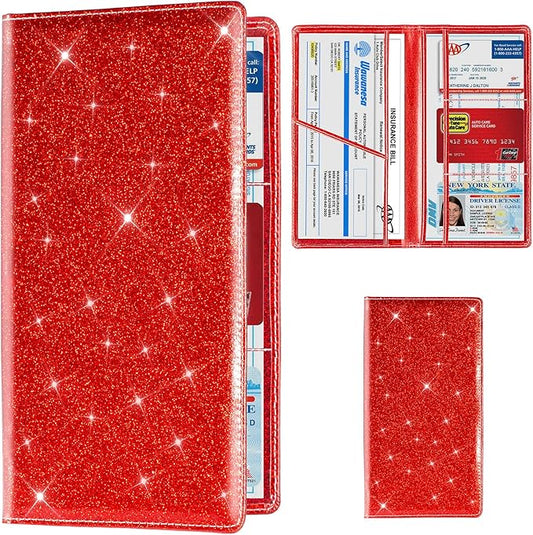 TOURSUIT Car Registration and Insurance Card Holder, Vehicle License Document Glove Box Compartment Organizer, Interior Car Accessories for Women Men Teens (Glitter Red)