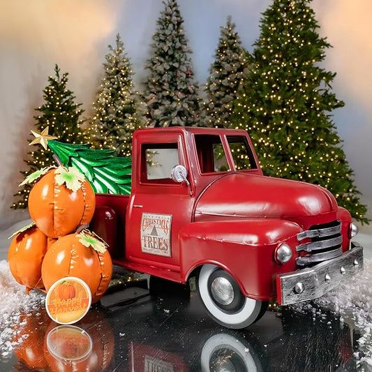Zaer Ltd. Metal 18.5" Long Multi-Seasonal Christmas and Harvest Pickup Truck with Metal Tree, Pumpkins, and Matching Side-Magnet Sets (Antique Red)