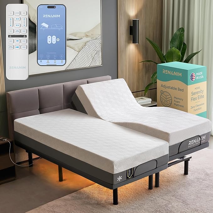 SFE Adjustable Bed with Mattress & Massage, Split King Adjustable Bed Frame + Medium Mattress - Cooling Gel Memory Foam Mattres, USB, UnderBed Light, Wireless Remote