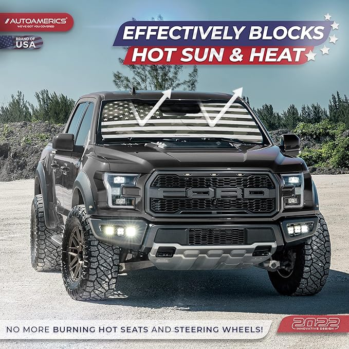 Autoamerics 1-Piece Windshield Sun Shade Green Camo American Flag USA Design - Foldable Car Front Window Sunshade for Most Sedans SUV Truck - Blocks Max UV Rays and Keeps Your Vehicle Cool - Medium