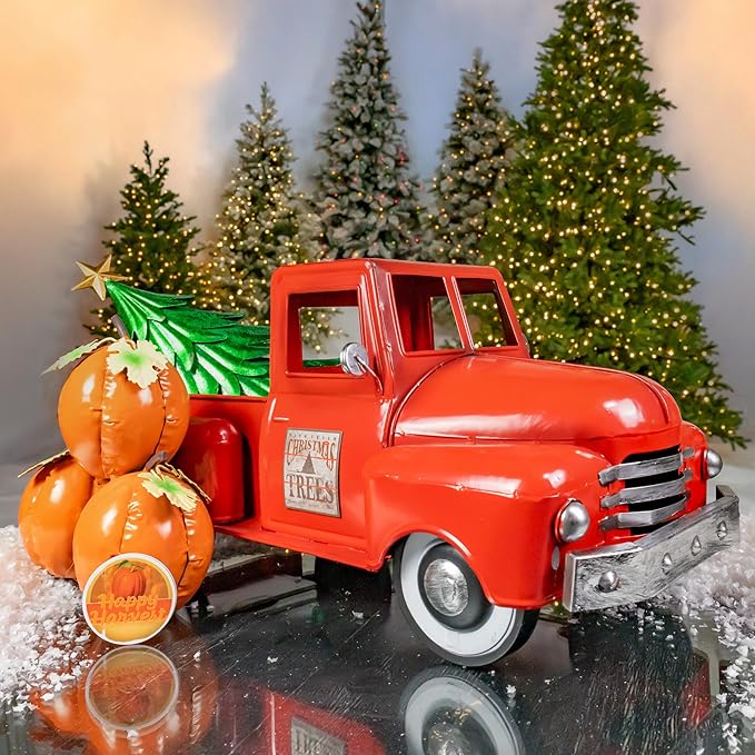 Zaer Ltd. Metal 18.5" Long Multi-Seasonal Christmas and Harvest Pickup Truck with Metal Tree, Pumpkins, and Matching Side-Magnet Sets (Glossy Red)