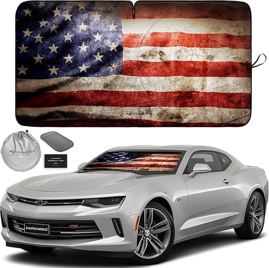 Autoamerics 1-Piece Windshield Sun Shade Grunge American Flag - 2 USA Design - Foldable Car Front Window Sunshade for Most Sedans SUV Truck - Blocks Max UV Rays and Keeps Your Vehicle Cool - Small