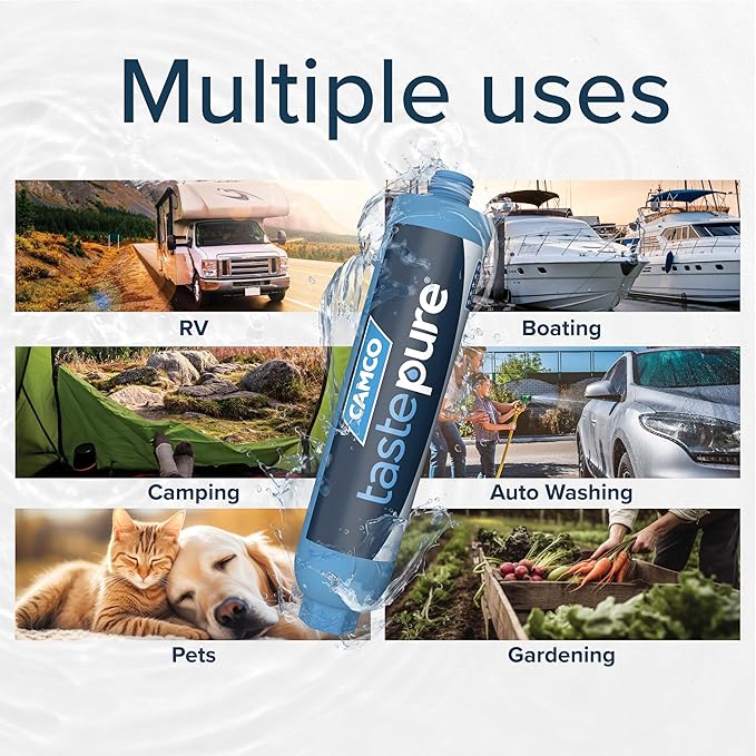 Camco Tastepure RV Water Filter - Advanced RV Inline Water Filter with Flexible Hose Protector - GAC & KDF Filtration - Made in USA - Camping Essentials for Fresh Drinking Water (40043)