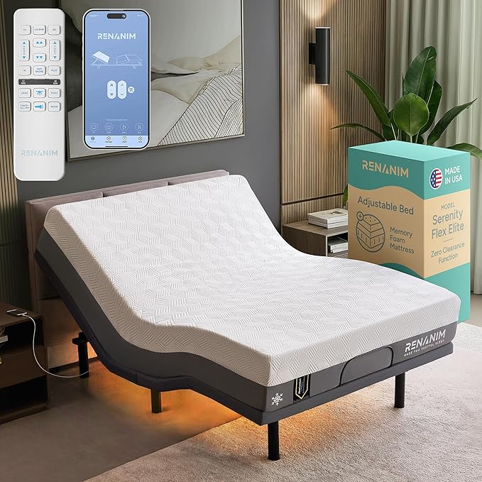 SFE Adjustable Bed with Mattress & Massage, Queen Adjustable Bed Frame + Medium Soft Mattress - Cooling Gel Memory Foam Mattres, USB, UnderBed Light, Wireless Remote