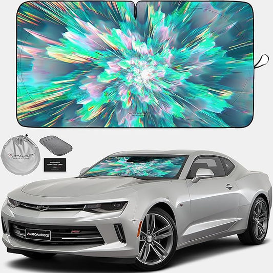 1-Piece Windshield Sun Shade - Foldable Car Front Window Sunshade for Cars SUV Truck Heat Blocker Visor Protector Blocks Max UV Rays and Keeps Your Vehicle Cool (Small = 59 x 28.5 inches, Shower)