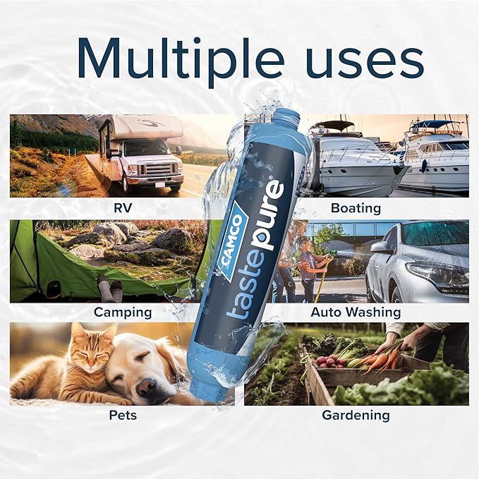 Camco Tastepure XL RV Water Filter - Reliable RV Inline Water Filter with Flexible Hose Protector - GAC & KDF Water Filtration - Made in USA - Camping Essentials for Fresh Drinking Water (40019)