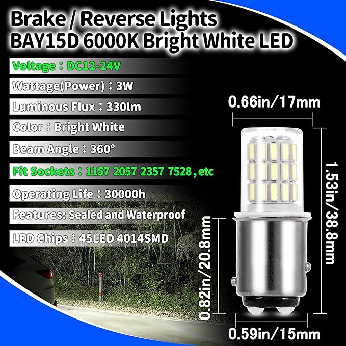 2357 1157 2057 7528 Brake Light Bulb for Daytime Running Lights (DRL) and Back-Up/Reverse Lights,12V-24V BAY15D 6000K Bright White LED Bulbs Replacement for RV Car Camper Trailer Tail Brake Stop,2Pack