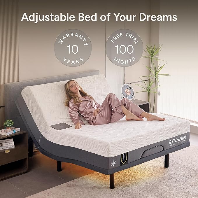 SFE Adjustable Bed with Mattress & Massage, Queen Adjustable Bed Frame + Firm Mattress - Cooling Gel Memory Foam Mattres, USB, UnderBed Light, Wireless Remote