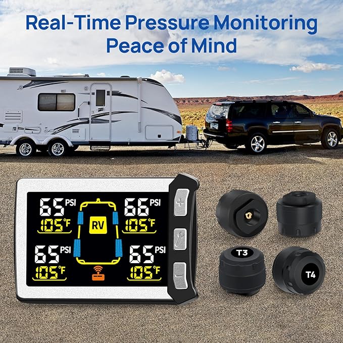 RV/Trailer Tire Pressure Monitoring System, Tire Pressure Monitor with Color LCD Display, TPMS with 4 Sensors for Travel Trailer/5th Wheel/Camper, 0-87PSI with 120ft Transmission Distance