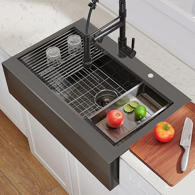 33 Inch Drop In Farmhouse Sink Black, 33x22 Inch Gunmetal Black Top Mount Farmhouse Kitchen Single Bowl, Topmount Apron Front Stainless Steel Farm Sink Workstation