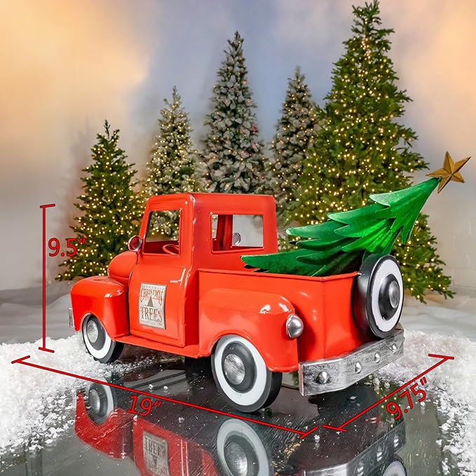 Zaer Ltd. Metal 18.5" Long Multi-Seasonal Christmas and Harvest Pickup Truck with Metal Tree, Pumpkins, and Matching Side-Magnet Sets (Glossy Red)