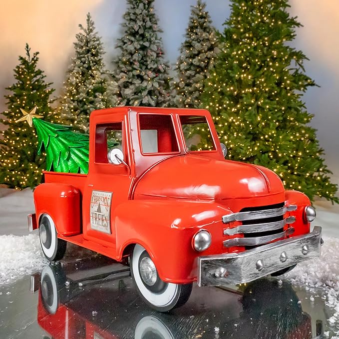Zaer Ltd. Metal 18.5" Long Multi-Seasonal Christmas and Harvest Pickup Truck with Metal Tree, Pumpkins, and Matching Side-Magnet Sets (Glossy Red)